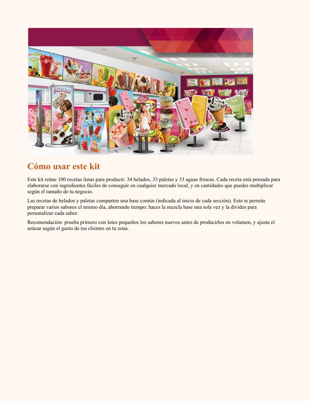 Interior de una heladería con variedad de helados, paletas y bebidas